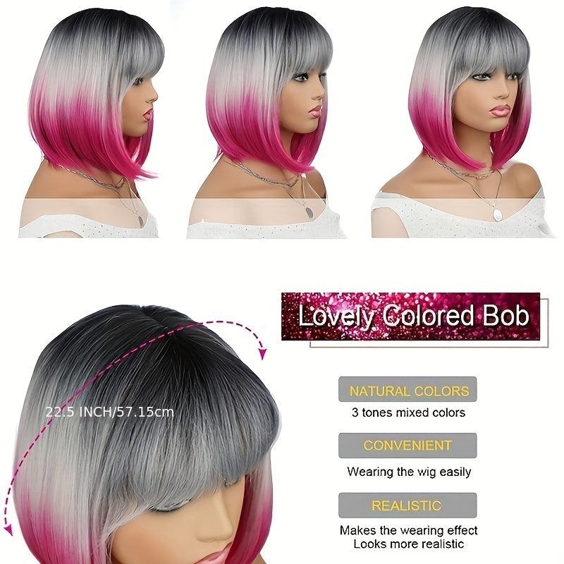 Ombre Short Straight Bob Cut Wig With Bangs Synthetic Wig Heat Resistant