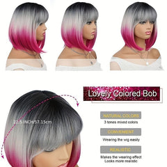Ombre Short Straight Bob Cut Wig With Bangs Synthetic Wig Heat Resistant