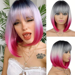 Ombre Short Straight Bob Cut Wig With Bangs Synthetic Wig Heat Resistant