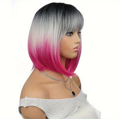 Ombre Short Straight Bob Cut Wig With Bangs Synthetic Wig Heat Resistant