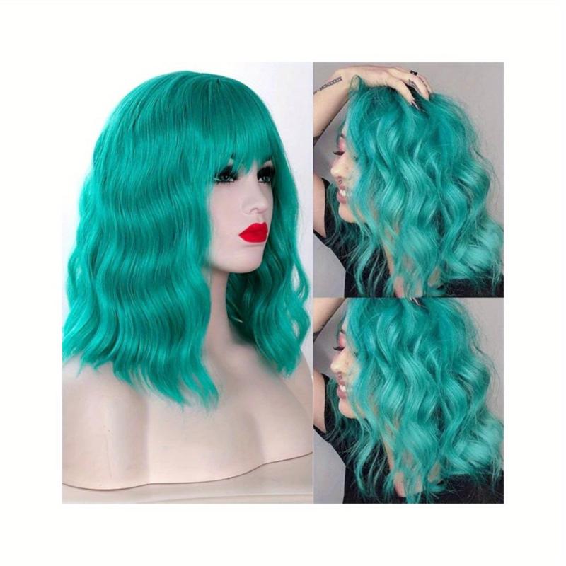 Colorful Wavy Bob Wig With Bangs Shoulder Length Synthetic Hair