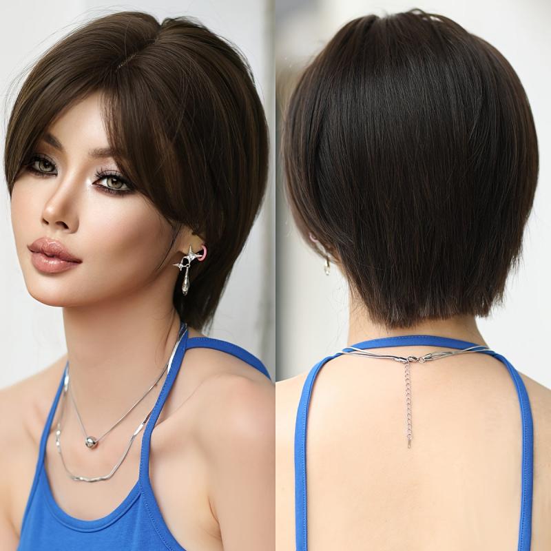 Short Brown Wig For Women Middle Part Bob Wigs
