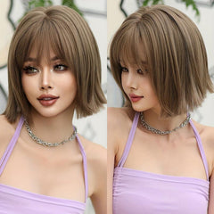 Dark Brown Bob Wig with Bangs 30 cm