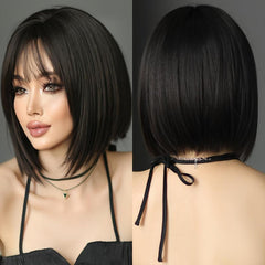 Dark Brown Bob Wig with Bangs 30 cm