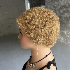 Afro Kinky Curly Human Hair Wig with Bangs Short Pixie Cut Glueless Wig