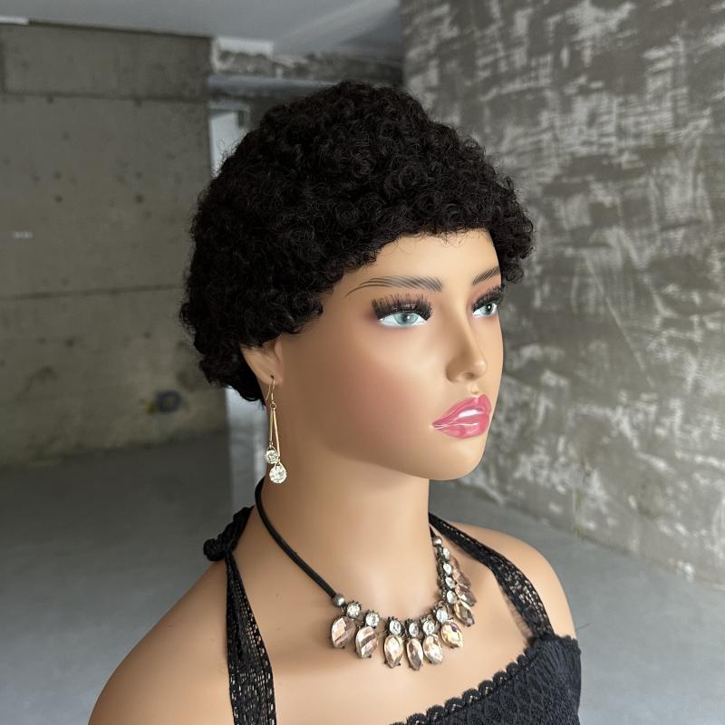 Afro Kinky Curly Human Hair Wig with Bangs Short Pixie Cut Glueless Wig