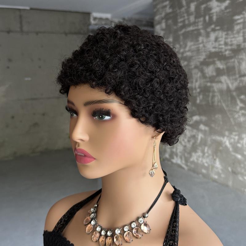 Afro Kinky Curly Human Hair Wig with Bangs Short Pixie Cut Glueless Wig