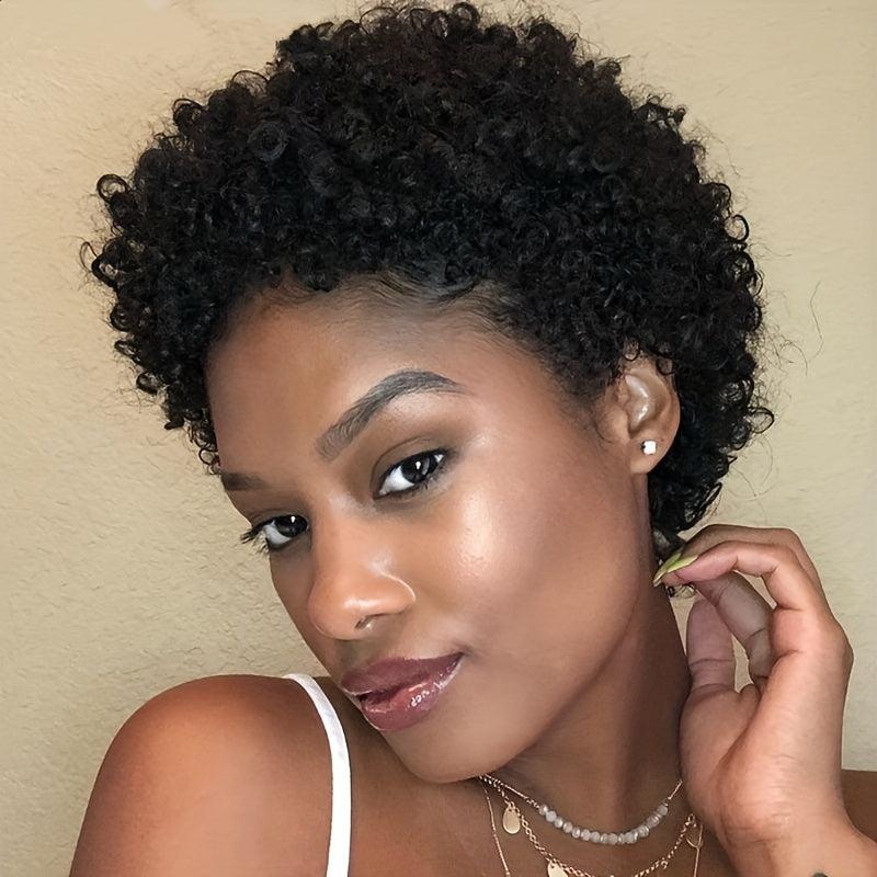 Afro Kinky Curly Human Hair Wig with Bangs Short Pixie Cut Glueless Wig