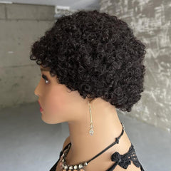 Afro Kinky Curly Human Hair Wig with Bangs Short Pixie Cut Glueless Wig