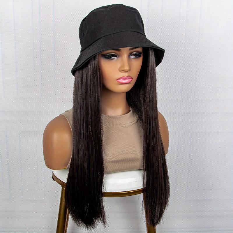 Hat Wigs 50 8 Cm Long Straight Hair Wigs With Bucket Hat Synthetic Fiber