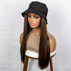 Hat Wigs 50 8 Cm Long Straight Hair Wigs With Bucket Hat Synthetic Fiber