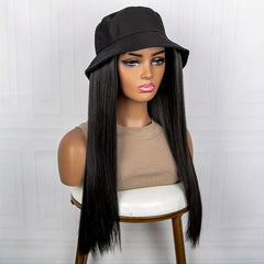 Hat Wigs 50 8 Cm Long Straight Hair Wigs With Bucket Hat Synthetic Fiber