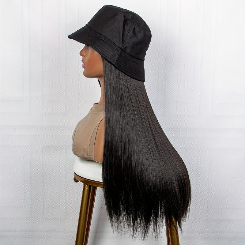 Hat Wigs 50 8 Cm Long Straight Hair Wigs With Bucket Hat Synthetic Fiber