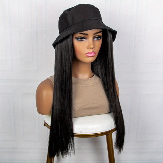 Hat Wigs 50 8 Cm Long Straight Hair Wigs With Bucket Hat Synthetic Fiber