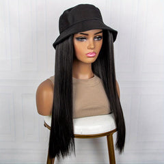 Hat Wigs 50 8 Cm Long Straight Hair Wigs With Bucket Hat Synthetic Fiber