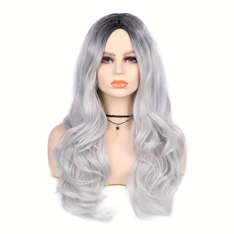 Long Wavy Curly Wig Ombre Gray Wigs For Women Middle Part Synthetic Wigs