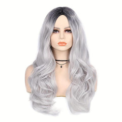 Long Wavy Curly Wig Ombre Gray Wigs For Women Middle Part Synthetic Wigs