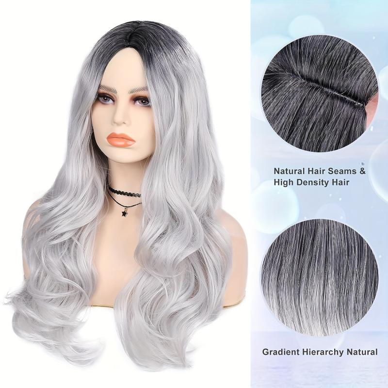 Long Wavy Curly Wig Ombre Gray Wigs For Women Middle Part Synthetic Wigs
