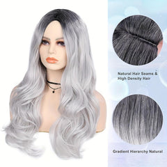 Long Wavy Curly Wig Ombre Gray Wigs For Women Middle Part Synthetic Wigs