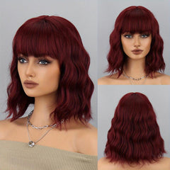 Short Bob Wig With Bangs Wavy Synthetic Curly Wavy Wig for Daily Use Burgundy