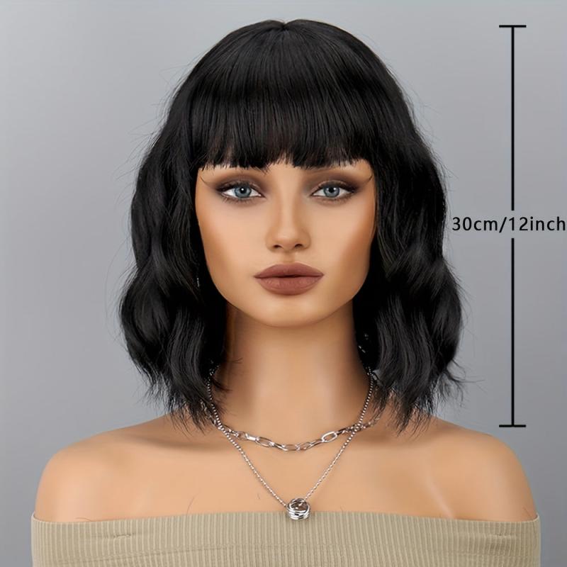 Short Bob Wig With Bangs Wavy Synthetic Curly Wavy Wig for Daily Use Burgundy