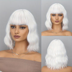 Short Bob Wig With Bangs Wavy Synthetic Curly Wavy Wig for Daily Use Burgundy