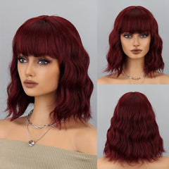 Short Bob Wig With Bangs Wavy Synthetic Curly Wavy Wig for Daily Use Burgundy