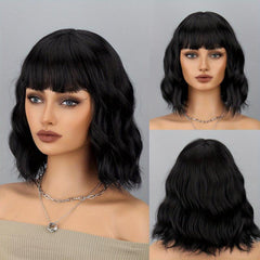 Short Bob Wig With Bangs Wavy Synthetic Curly Wavy Wig for Daily Use Burgundy