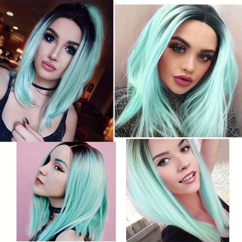 Short Straight Bob Wig Ombre Green Shoulder Length Middle Part Synthetic Bob Wig