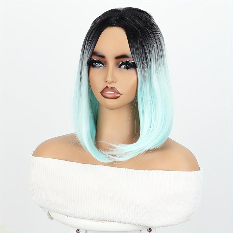 Short Straight Bob Wig Ombre Green Shoulder Length Middle Part Synthetic Bob Wig