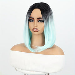Short Straight Bob Wig Ombre Green Shoulder Length Middle Part Synthetic Bob Wig