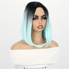 Short Straight Bob Wig Ombre Green Shoulder Length Middle Part Synthetic Bob Wig