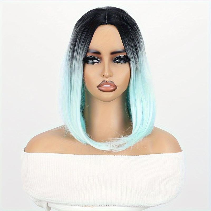 Short Straight Bob Wig Ombre Green Shoulder Length Middle Part Synthetic Bob Wig