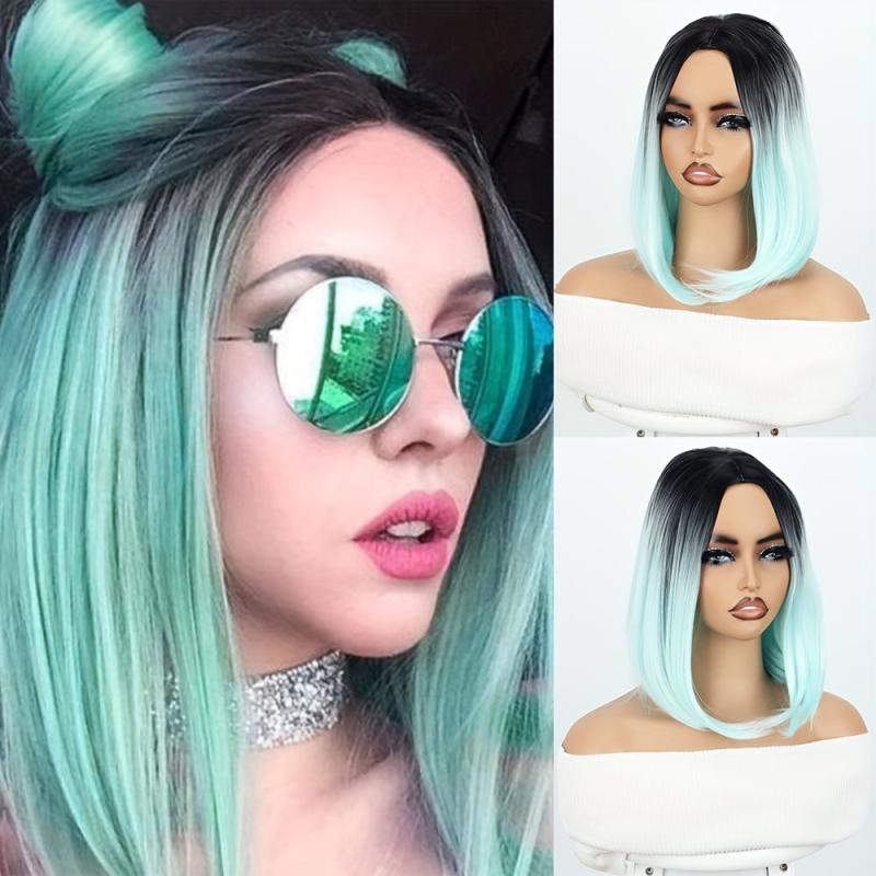 Short Straight Bob Wig Ombre Green Shoulder Length Middle Part Synthetic Bob Wig