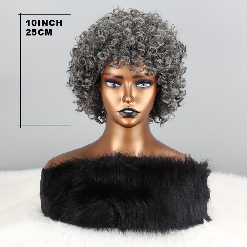 25cm Grey Afro Curly Kinky Hair Wig with Bangs Soft Synthetic Daily Party Use