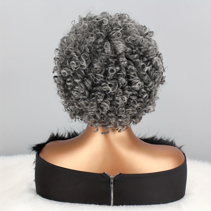 25cm Grey Afro Curly Kinky Hair Wig with Bangs Soft Synthetic Daily Party Use