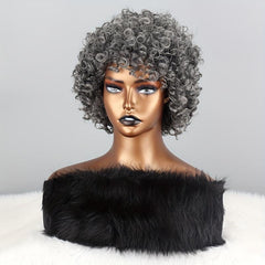 25cm Grey Afro Curly Kinky Hair Wig with Bangs Soft Synthetic Daily Party Use