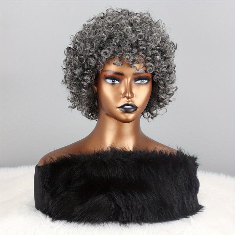 25cm Grey Afro Curly Kinky Hair Wig with Bangs Soft Synthetic Daily Party Use