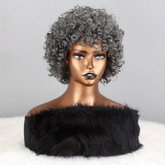 25cm Grey Afro Curly Kinky Hair Wig with Bangs Soft Synthetic Daily Party Use
