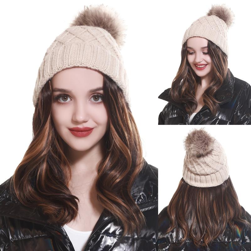 Women's Beanie Hat Knit Wavy Curly Hair Wig Winter Headdress