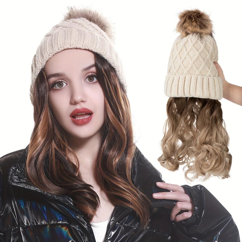 Women's Beanie Hat Knit Wavy Curly Hair Wig Winter Headdress