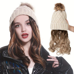 Women's Beanie Hat Knit Wavy Curly Hair Wig Winter Headdress