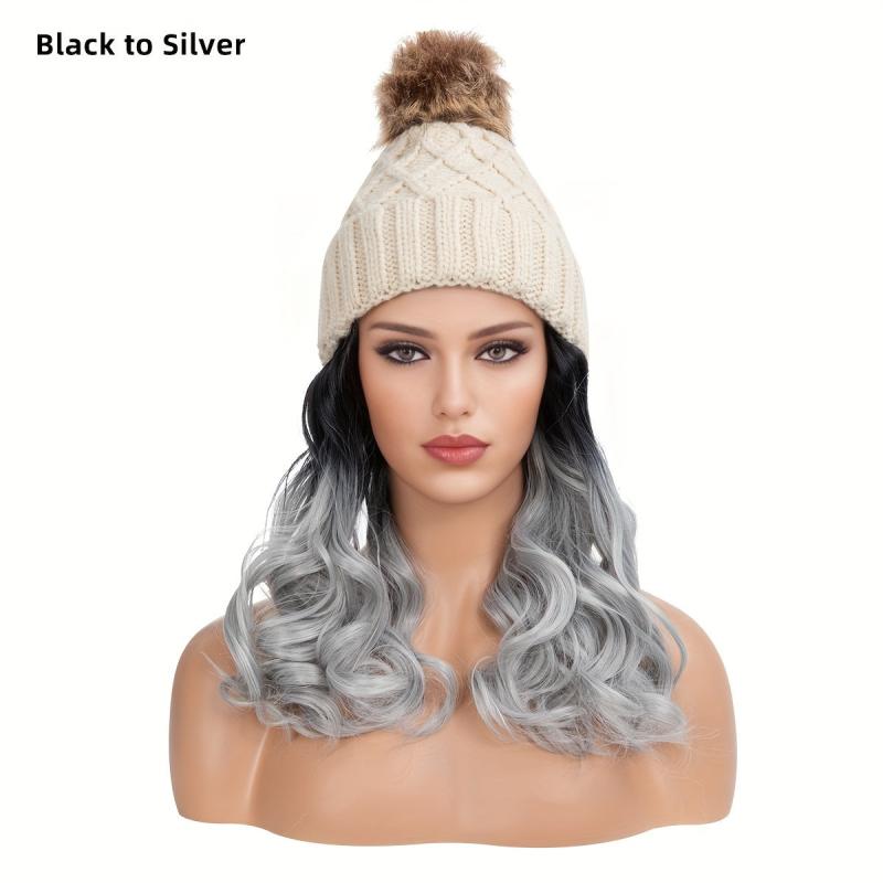 Women's Beanie Hat Knit Wavy Curly Hair Wig Winter Headdress