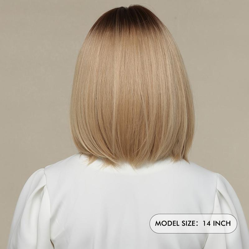 Ombre Blonde Bob Wigs With Bangs 35 56 Cm Natural Straight Dark Roots Wigs