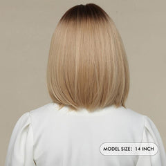 Ombre Blonde Bob Wigs With Bangs 35 56 Cm Natural Straight Dark Roots Wigs