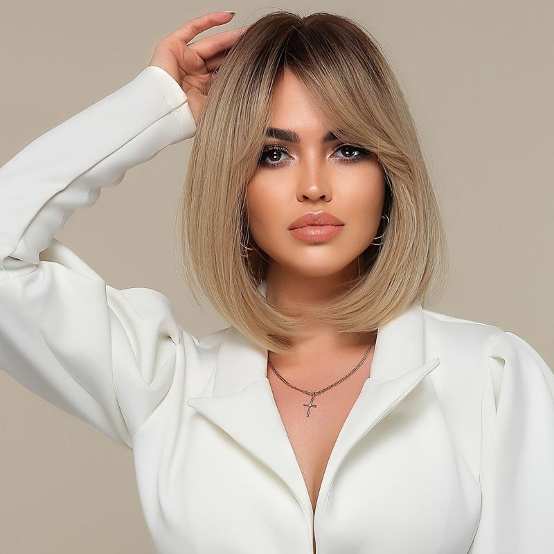 Ombre Blonde Bob Wigs With Bangs 35 56 Cm Natural Straight Dark Roots Wigs