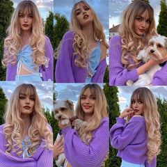 Long Ombre Wavy Wig Dark Roots Synthetic Hair Bangs Natural Look