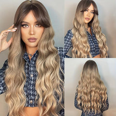 Long Ombre Wavy Wig Dark Roots Synthetic Hair Bangs Natural Look
