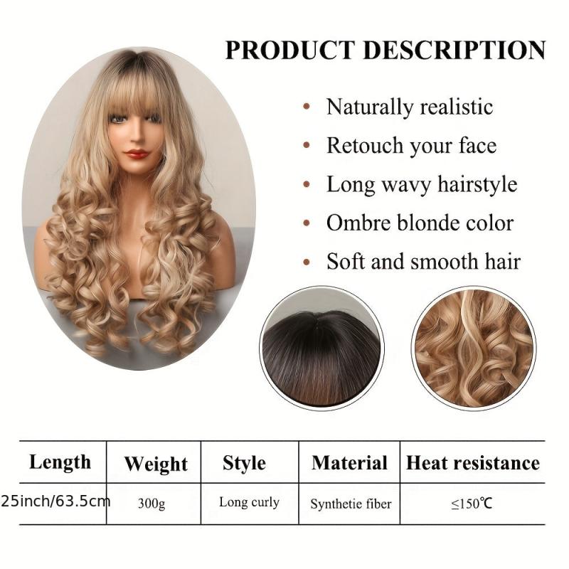 Long Ombre Wavy Wig Dark Roots Synthetic Hair Bangs Natural Look