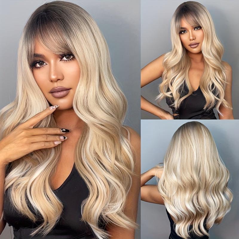 Long Ombre Wavy Wig Dark Roots Synthetic Hair Bangs Natural Look